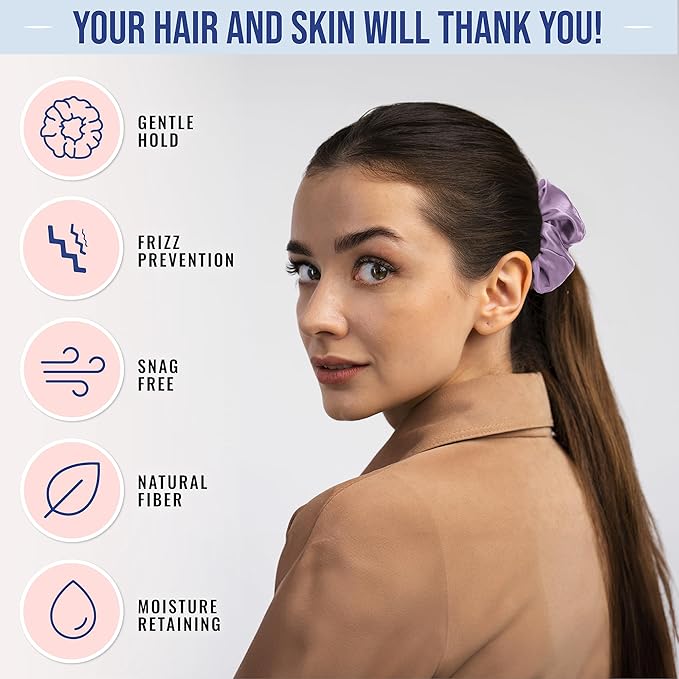 Blissy Silk Scrunchies (3 Pack) - 100% Pure Mulberry Silk - 22 Momme 6A High-Grade Fibers Scrunchie for Straight & Curly Hair - Preventing Breakage, Tangling, & Creasing (Lavender Skinny)