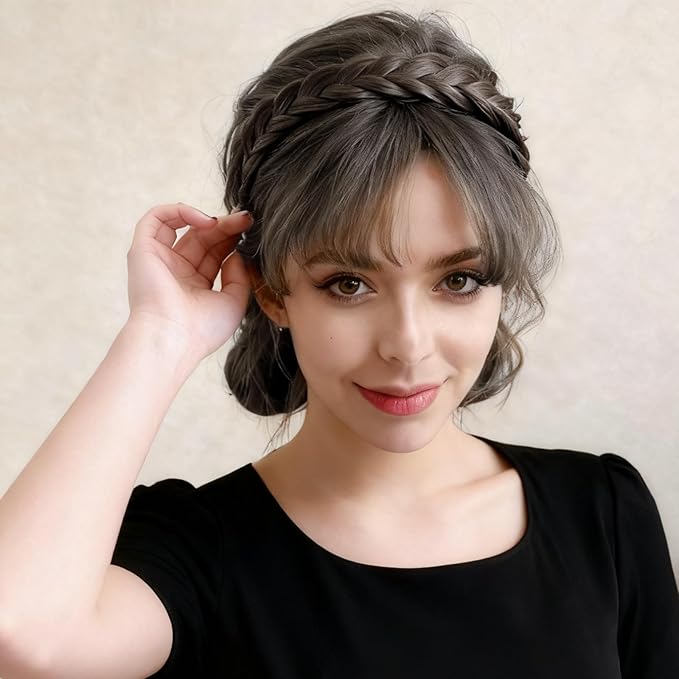 2PC Braided Headband with Tooth – Wide Faux Hair Braid Wig Hairband, Messy Fishbone & Geflochten Haarband Shape – for Women Fashion Accessories for Oktoberfest, Wedding, Parties, Comb Fit(Black Brown)