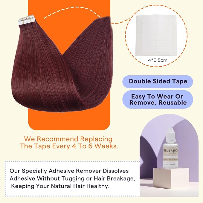 Full Shine Tape in Hair Extensions Human Hair Color 99J Red Wine Invisible Double Sided Hair Extensions Real Human Hair Tape in 20PCS 14 Inch Seamless Skin Weft Remy Extensions 50g for Wedding