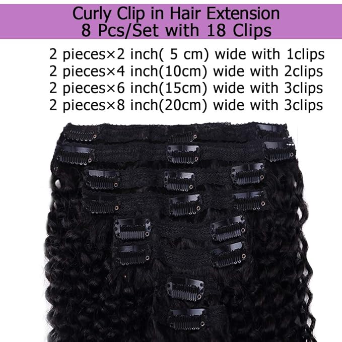 Curly Clip In Extension Human Hair 3C 4A Kinky Curly Clip Ins Full Head for Black Women Brazilian Remy Human Hair Natural Color 8Pcs with18clips 120g/Set (16 inch, curly wave)