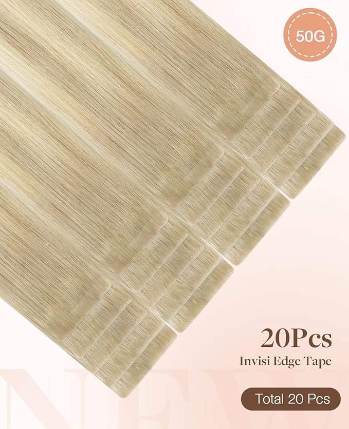 GOO GOO Invisi Edge Tape in Hair Extensions Human Hair, 18ET90A Natural Blonde Balayage 20pcs 16inch 50g, Virgin Remy Hair, Seamless Injected Tape, Natural Look