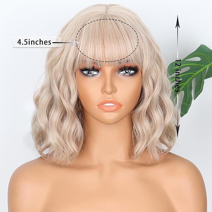MISSQUEEN Blonde Wig Wavy Short Bob Blond Wigs With Air Bangs Shoulder Length Drity Blonde Wigs for Women Wavy Synthetic Cosplay Wig for Girl Costume Wigs