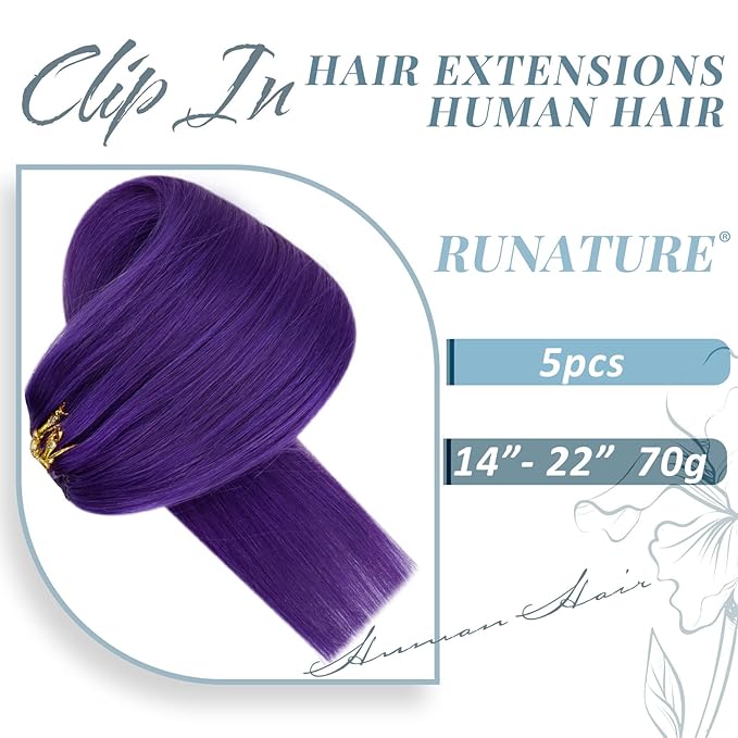 RUNATURE Clip in Hair Extensions Purple Clip in Human Hair Full Head Purple Hair Extensions Real Human Hair Clip Ins Party Highlight Colored Hair Extension 14 Inch 70g/5pcs