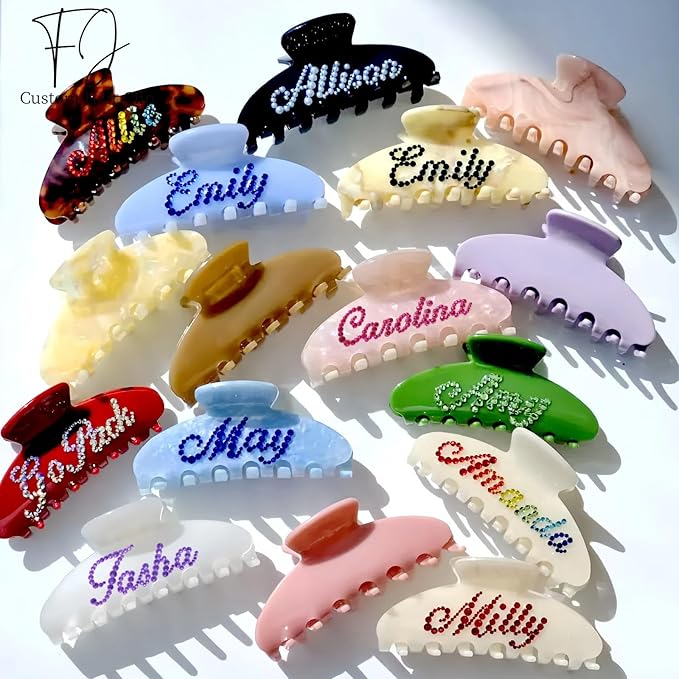 Personalized Colorful Name Hair Claw Clips for Women,Custom Hair Clips with Diamond,Cute Hair Accessories 4",Handmade Rhinestones Hair Clamp Gifts for Mom,Bride,Wife,Bridesmaid（Rose Red Glitter）