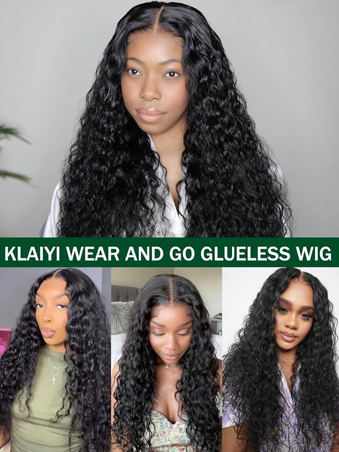 KLAIYI Water Wave Bye Bye Knots Glueless Wig Human Hair 7x5Precut Lace Front Pre Plucked Bleached Wear and Go Wig with Curly Baby Hair Drawstring 3S Ready to Go Pre Everything Beginner Friendly 24Inch