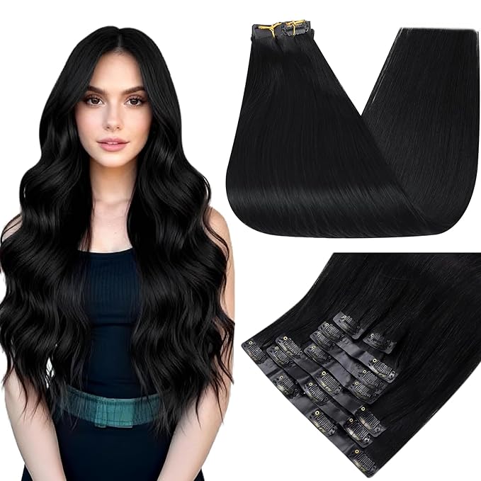 Full Shine Human Hair Clip in Extensions Black Clip in Hair Extensions for Women 24 Inch Invisible Hair Extensions Clip ins Straight Hair Full Head 8 PCS 120 G