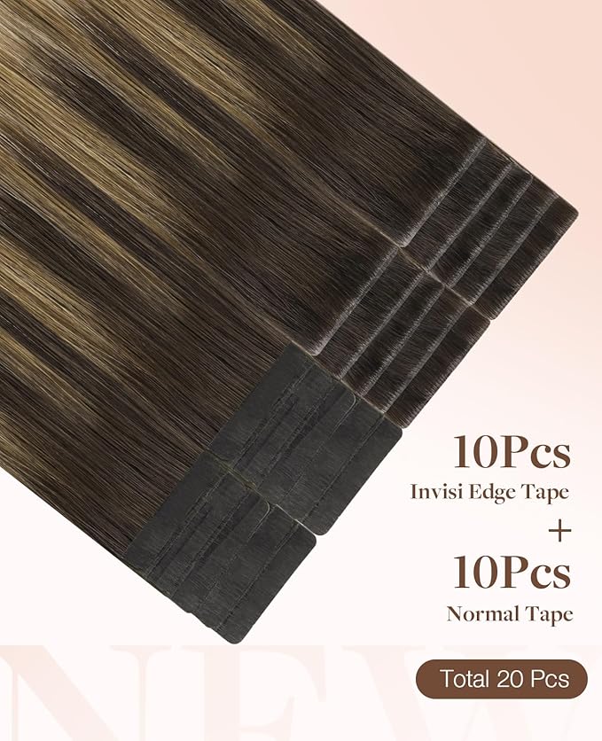 GOO GOO Invisi Edge Tape in Hair Extensions Human Hair, 2/6/18 Balayage Brown to Dirty Blonde 10pcs injected with 10pcs classical tape ins, 22inch 50g, Virgin Remy Hair, Natural Look