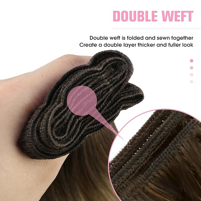 YoungSee 100g Weft Hair Extensions Human Hair Balayage Brown Human Hair Sew in Extensions Darkest Roots to Medium Brown with Blonde Hand Tied Weft Hair Extensions Straight Hair 14inch