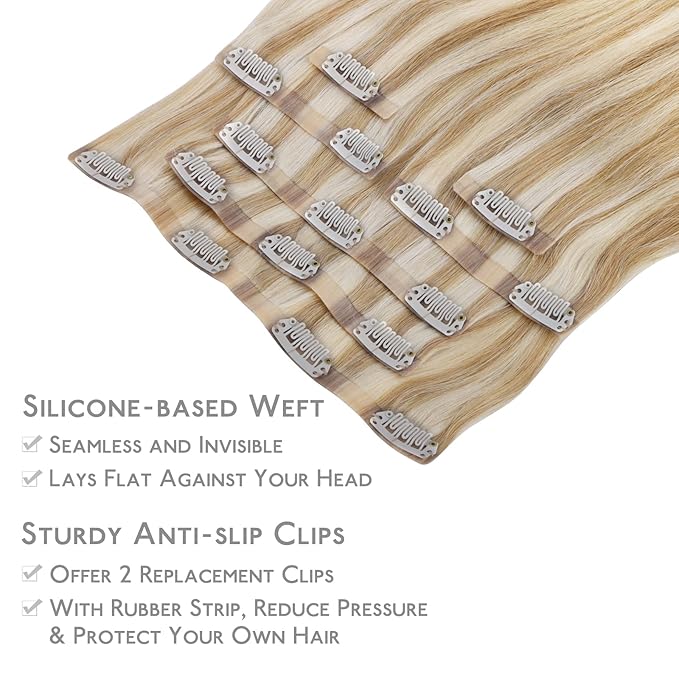 WENNALIFE Seamless Clip In Hair Extensions, 20 Inch 150g 7pcs Dirty Blonde Highlighted Bleach Blonde Hair Extensions Clip in Human Hair Invisible PU Skin Weft Natural Remy Human Hair Extensions