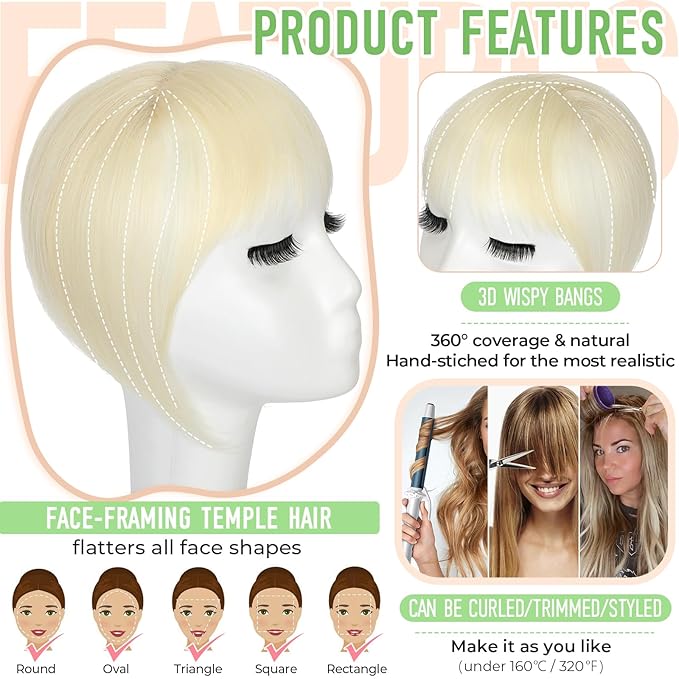 Bangs Hair Clip in Bangs 360°3D Cover Hair Topper Synthetic HairPieces for Women Bleach Blonde Wispy Fake Bangs Toppers for Daily Wear
