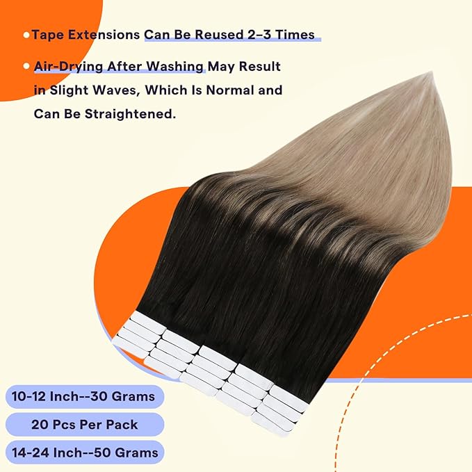 Full Shine Human Hair Extensions Tape in Color 1B/18 Dark Black Fading to Blonde 50g Invisible Double Sided Remy Tape Ins Human Hair Extensions 20 Inch Straight Soft and Silky 20PCS Add Length