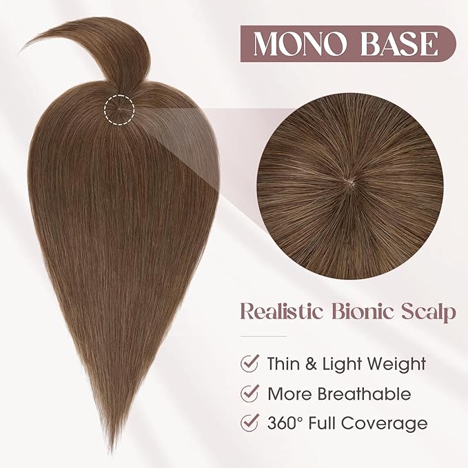 MY-LADY Human Hair Toppers for Women Real Human Hair with Bangs Thin 8.5 * 8.5CM Mono Base Clip in Remy Hairpieces Light Weight 14 Inch Medium Brown