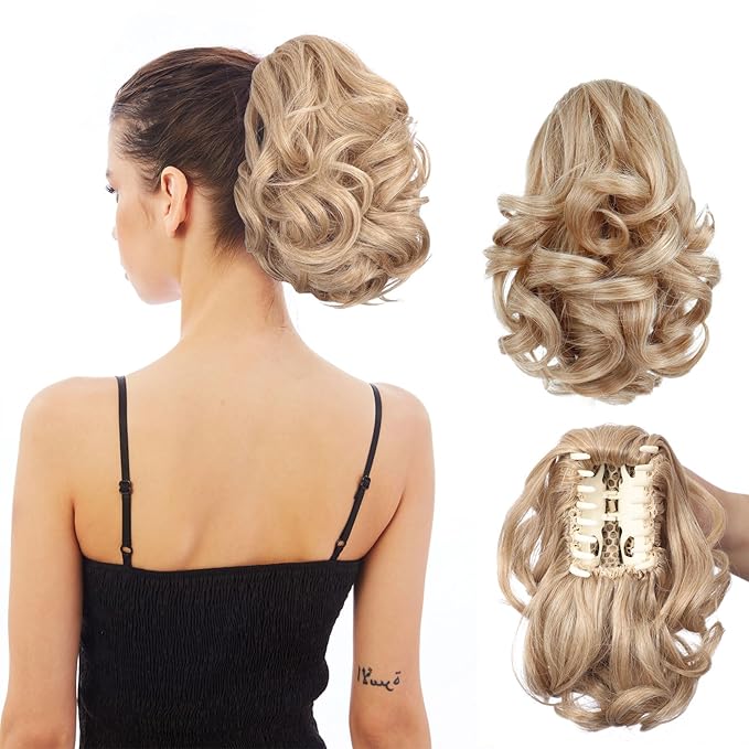 Ponytail Extension, Clip on Ponytails for Women, 9" Claw Clip in Short Curly Wavy Pony Hair Extension for Women - Blonde