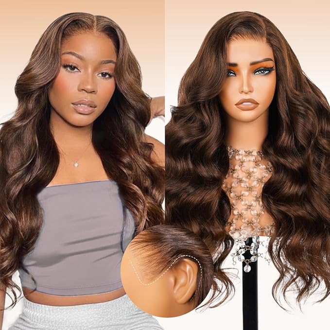 Arabella 13x6 Chocolate Brown Lace Front Wig Human Hair HD Transparent Body Wave Lace Front Wigs Human Hair Pre Plucked Glueless Frontal Brown Wig Human Hair 24 Inch
