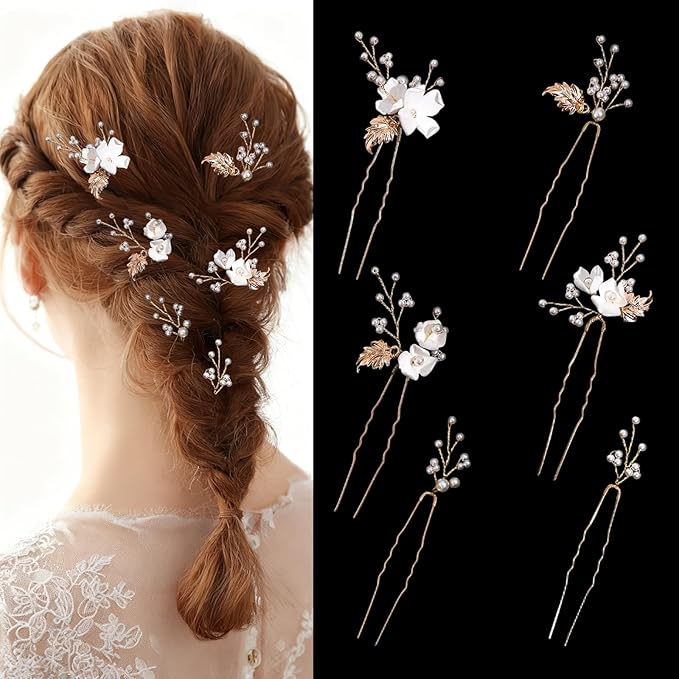 Pearl Bridal Wedding Hair Pins 6Pcs White Flower Gold Leaf Pearls Clips Bridal Hair Accessories for Women Brides Bridesmaid