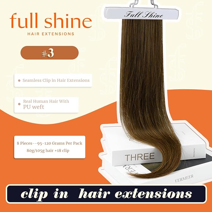 Full Shine Seamless Hair Extensions Clip in Brown Clip in Hair Extensions Medium Brown Human Hair Clip ins PU Weft Long Hair Add Volume 20 Inch 8 PCS 120 G