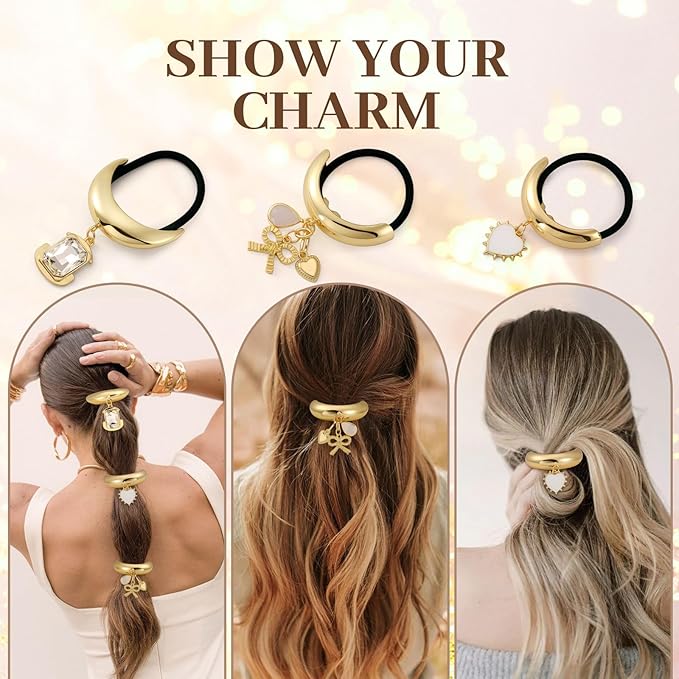 3PCS Gold Hair Ties, Metal Hair Ties for Thick Hair, Gold Ponytail Cuff Elegant Durable Geometric Design, Hair Accessories for Women, Stretchy & Non Damage Ponytail Holders with Pendant Holiday Gifts