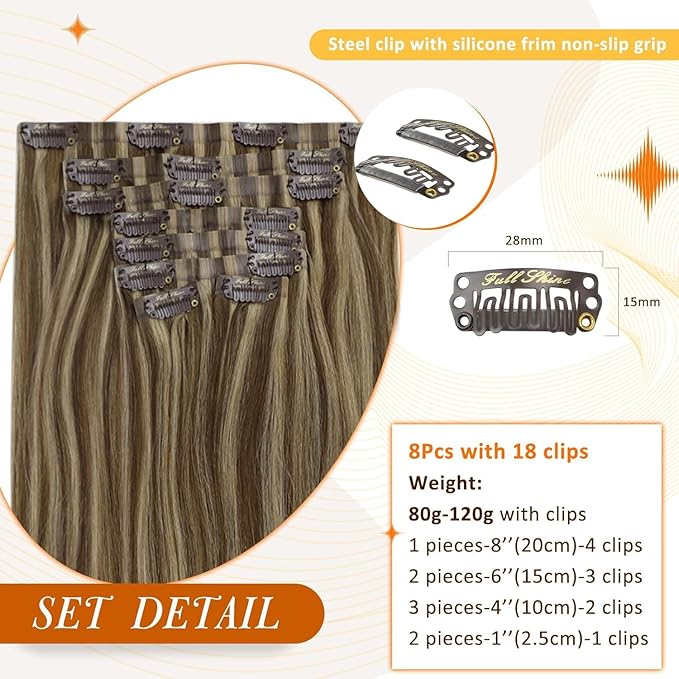 Full Shine Clip in Hair Extensions Human Hair 22 Inch Blonde with Brown Highlights Seamless Clip in Hair Extensions Add Volume for Women Softness 8 PCS 120 G
