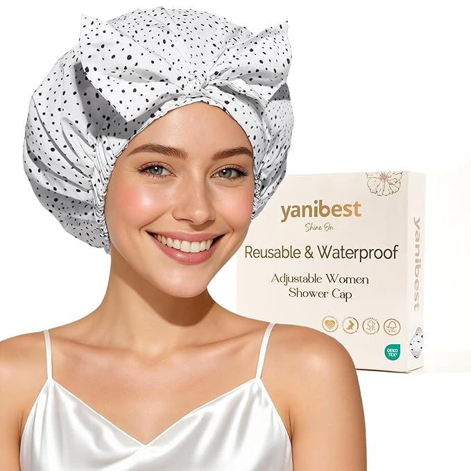 Yanibest Shower Cap for Women Reusable Waterproof, Adjustable Non-Slip Shower Hair Cap, Washable Bath Hat for Long Hair
