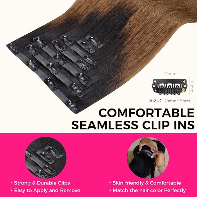 Lashey Seamless Clip in Hair Extensions Human Hair 14 Inch 110g 7pcs Yaki Straight Ombre Natural Black to Medium Auburn Clip in Hair Extensions with Soft PU weft