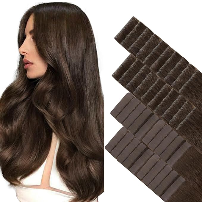 GOO GOO Invisi Edge Tape in Hair Extensions Human Hair, 4A Chocolate Brown 20pcs injected with 20pcs classical tape ins, 18inch 100g, Virgin Remy Hair, Natural Look