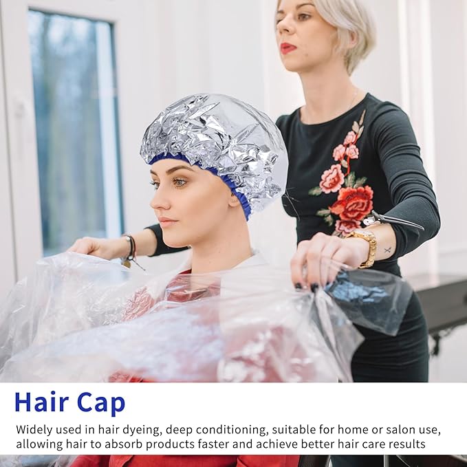 4 Pcs Heat Cap for Deep Conditioning Aluminum Foil Heat Cap Reusable Steam Processing Caps Thickened Shower Caps for Long Hair Dyeing Home Salon White Blue Hot Oil Tools