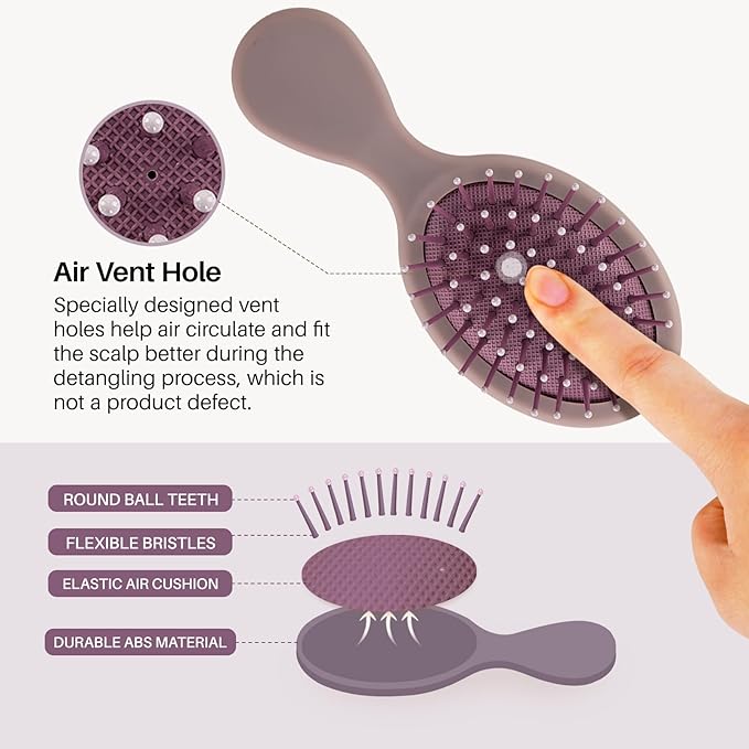 RHOS Mini Hair Brush for Women,Men and Kids-Travel Size Hair Brush for Purse,Pocket,backpack-Small Cushion Paddle Brush with Soft Bristles-Mini Detangler Brush for All Hair Types(1 Pack-Purple)