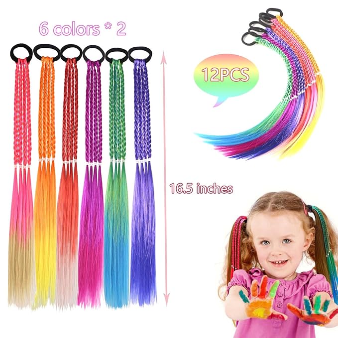 Colored Braids Hair Extensions with Rubber Bands Rainbow Braided Synthetic Hairpieces Ponytail Hair Accessories for Women Kids Girls Party Highlights Cosplay Dress Up (12PCS A Style)