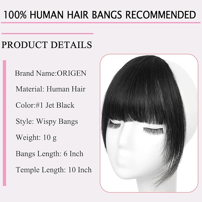 ORIGEN Clip in Bangs Real Human Hair Clip on Wispy Bangs Fringe with Temples Hairpieces Fake Front Bangs Extensions for Women Jet Black Color
