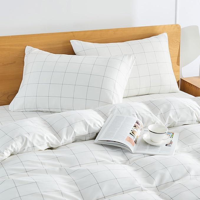 JELLYMONI 100% Natural Cotton Plaid Queen Pillowcases Set, 2 Pack White with Black Grid Geometric Pattern Printed Pillow Covers with Envelope Closure(Pillows are not Included)