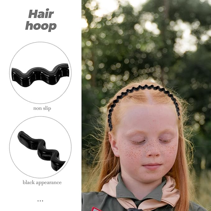 Non-Slip Plastic Hairbands Set 8 Pieces with Wavy Teeth and Smooth Medium-Large Sizes for Women and Unisex Use, Black Hair Hoop Accessories for Sports and Facial Care