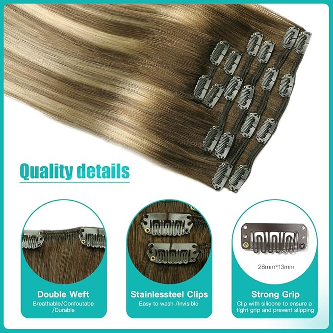 SURNEL Clip in Hair Extensions Human Hair Balayage Walnut Brown to Ash Brown and Golden Blonde Clip in Hair Extensions 14inch 6pcs 100g (#3/8/22,14'')