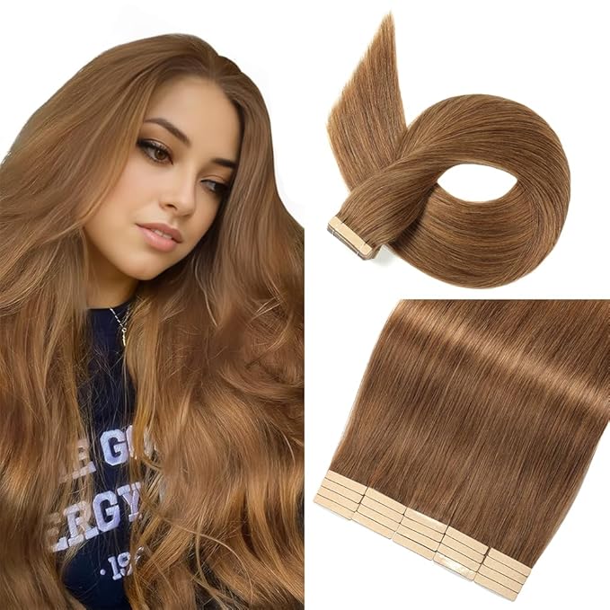 Tape in Hair Extensions Human Hair,14 Inch Human Hair Tape in Extensions 20Pcs Tawny Brown Tape Ins Human Hair Extensions for Women Seamless Tape in Hair Extensions Real Human Hair