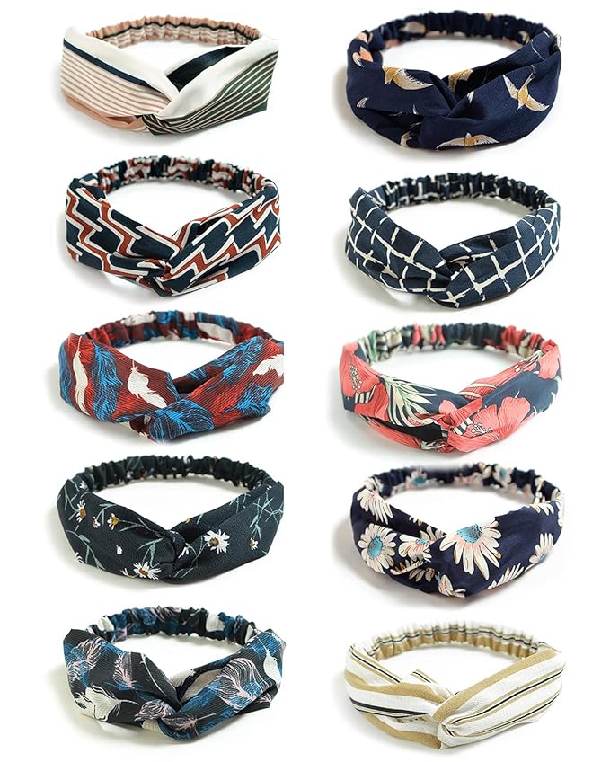 DRESHOW 10 Pack Boho Headbands for Women Vintage Cross Elastic Head Wrap Hair Accessories