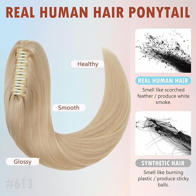 Hairro Claw Clip Ponytail Human Hair Extensions Jaw On Ponytails Remy Long Straight Jaw/Claw Clips Pony Tail Hairpieces For Women 22 Inch 120g #613 Light Blonde