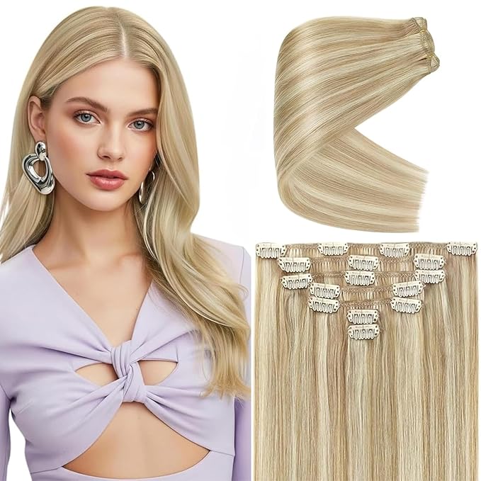 Ve Sunny Human Hair Clip in Extensions Blonde Clip in Hair Extensions Human Hair Highlight Blonde Hair Extensions Real Human Hair Clip ins Thick End 18inch 7pcs 120g