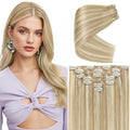Ve Sunny Blonde Clip in Hair Extensions Real Human Hair Highlighted Clip in Human Hair Extensions Highlight Caramel Blonde with Platinum Blonde Human Hair Extensions Clip ins 120g 16 Inch 7pcs