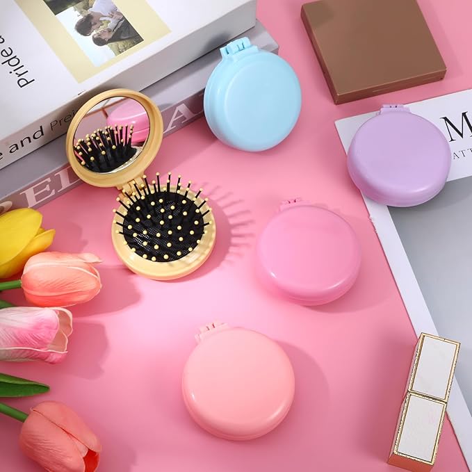 20PCS Mini Hair Brush Bulk,Compact Folding Travel Hair Brushes with Mirror,Mini Travel Brush for Women Girls in 5 Colors