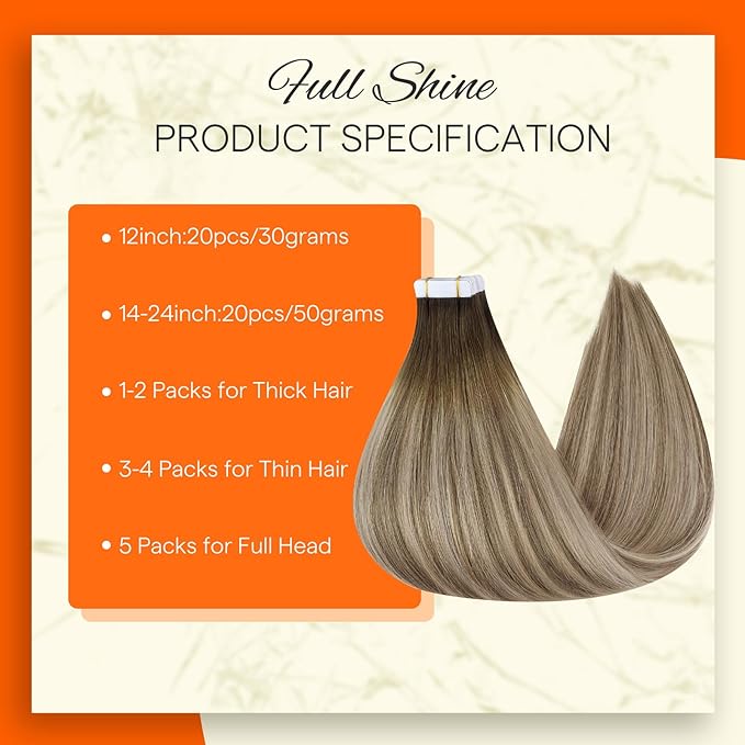 Full Shine Seamless Tape in Hair Extensions 16Inch Color Dark Brown 3 Fading to 8 and 22 Blonde Double Sided Tape in Extension Human Hair Skin Weft 50G Straight for Women Add Volume 20Pcs