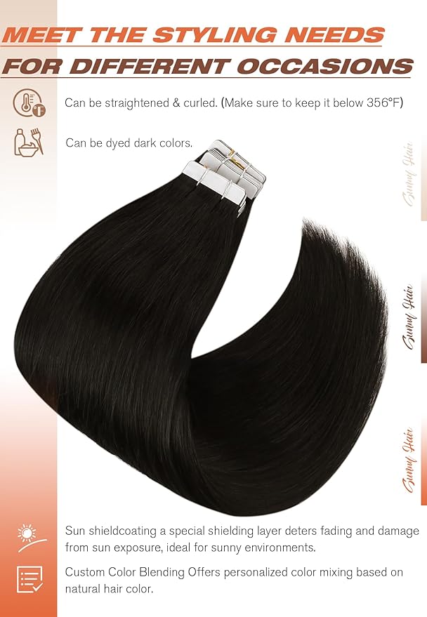 Sunny Hair Tape in Extensions,Remy Hair Extensions Tape in Black Invisible Tape in Hair Extensions Human Hair 100g 18Inch