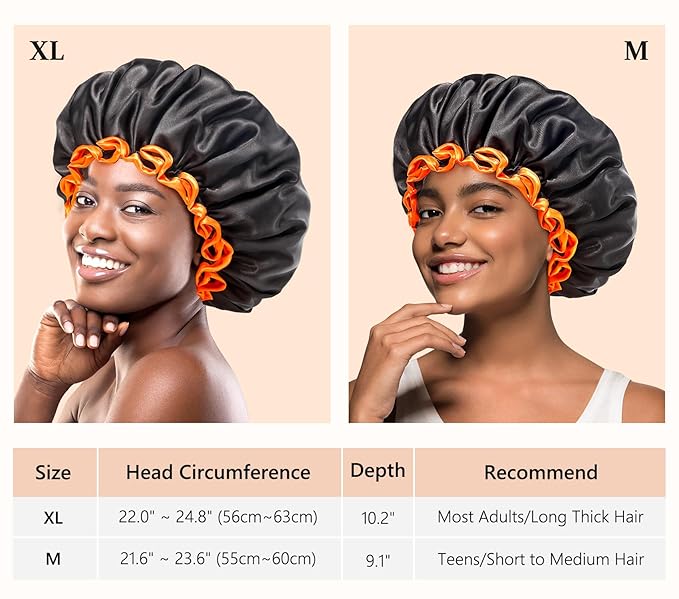 mikimini Black Shower Cap, Double Layers Waterproof Bathing Hair Cap with Reusable Soft Comfortable PEVA Lining, Cute, Non-fading & Stretchy Shower Hat Medium (Pack of 1) Black + Orange