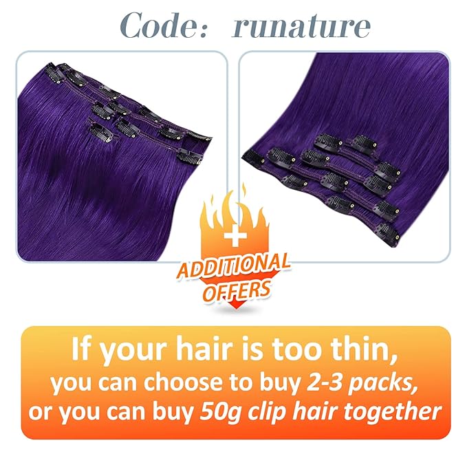 RUNATURE Purple Hair Extensions Clip in Real Human Hair, Full Head Clip in Extensions for Long Hair, Remy Natural Hair Colored Extensions for Women, 22 Inch 70g 5pcs