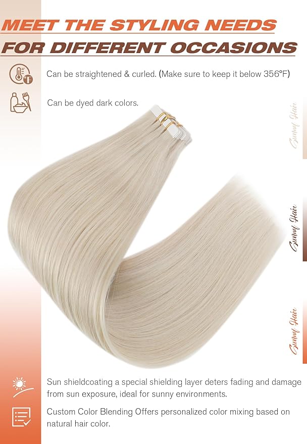 Sunny Hair Tape in Hair Extensions Human Hair 16inch Hair Extensions Real Human Hair Tape in Extensions for Women Platinum Blonde Invisible Natural Straight Skin Weft Double Sided Tape 40pcs 100g