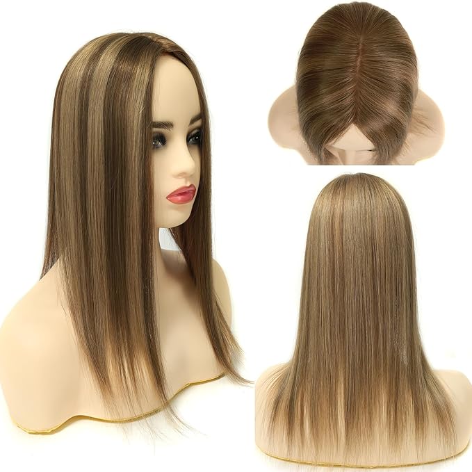 Toppers Hair Pieces for Women #TAC, 3x5 Inch Injected Silk Base 18 Inch Length 130% Density Real Human Hair Toppers