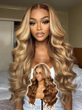 YIROO Pre Everything Wig Honey Blonde 13X4 Pre Cut Lace Front Glueless Human Hair Wigs Body Wave Brown Blonde Highlight Ombre Pre Bleached Invisible Bye Bye Knots Wig Pre Plucked 150% Density 16Inch