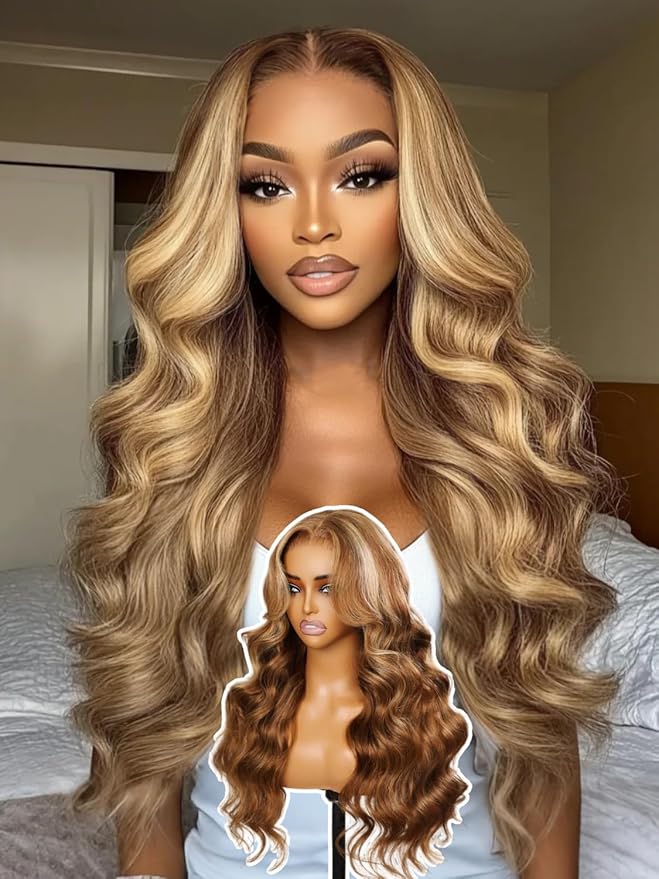 YIROO Pre Everything Wig Honey Blonde 13X4 Pre Cut Lace Front Glueless Human Hair Wigs Body Wave Brown Blonde Highlight Ombre Pre Bleached Invisible Bye Bye Knots Wig Pre Plucked 150% Density 16Inch