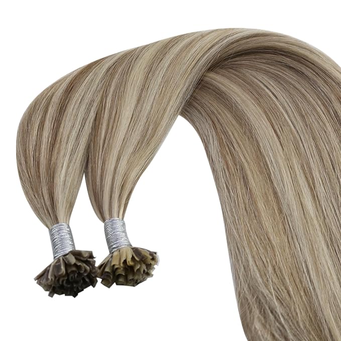 YoungSee U Tip Hair Extensions Highlight U Tips Human Hair Extensions Highlight Light Brown with Blonde Keratin Hair Extension for Women K Tip Real Hair Extension Hot Fusion 16In 50s/50g