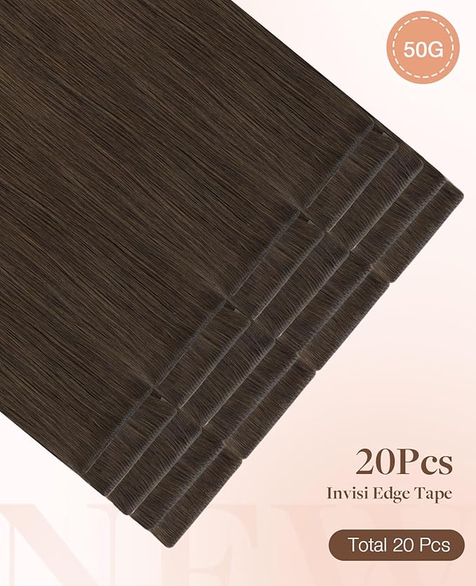 GOO GOO Invisi Edge Tape in Hair Extensions Human Hair, 2A Light Brown, 20pcs 24inch 50g, Virgin Remy Hair, Seamless Injected Tape, Natural Look