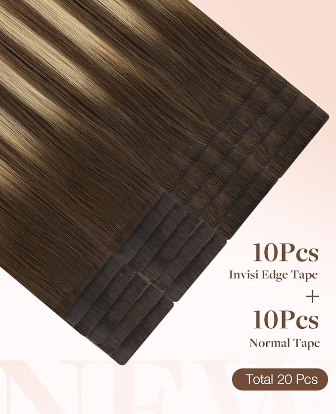 GOO GOO Invisi Edge Tape in Hair Extensions Human Hair, 4/18 Balayage Chocolate Brown Highlighted Dirty Blonde 10pcs injected with 10pcs classical tape ins, 20inch 50g, Virgin Remy Hair, Natural Look