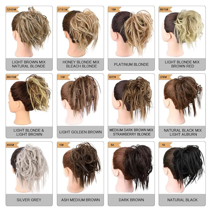 HMD Tousled Updo Messy Bun Hairpiece - Synthetic Hair Extensions with Elastic Rubber Band - Scrunchies and Ponytail Hairpieces for Women